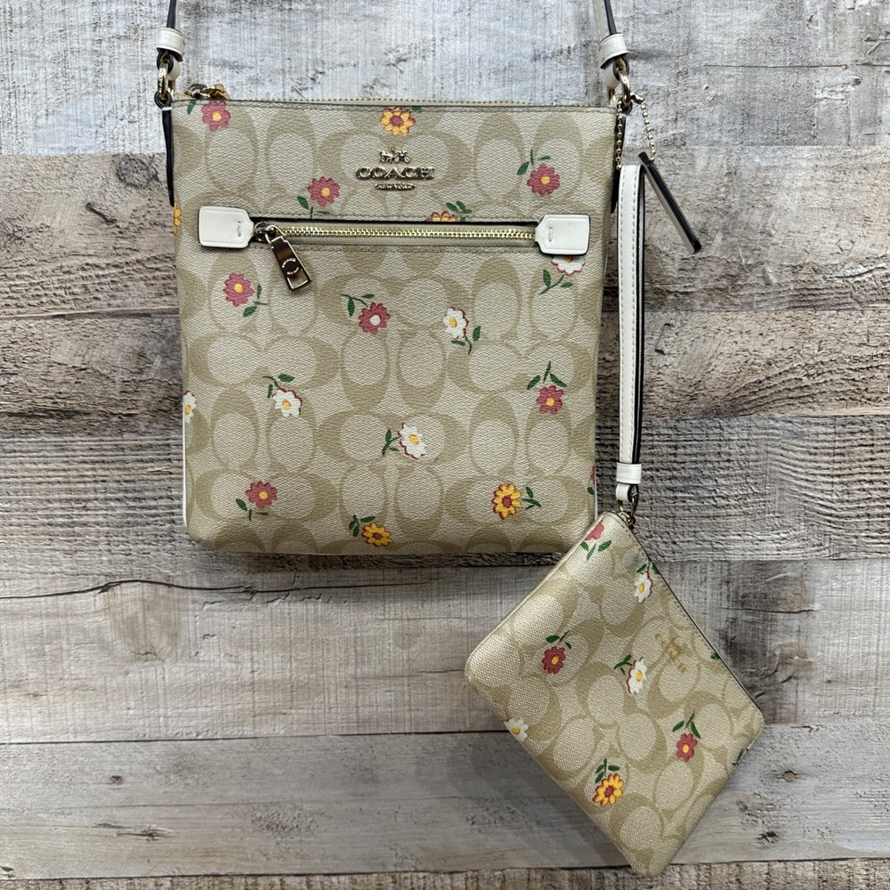 Coach Rowan File Bag Signature Ditsy Floral Crossbody and Wristlet Set Tan White
